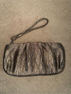 MonSac Original Bronze Silver Metallic Woven Clutch Wristlet Evening Bag Y2K